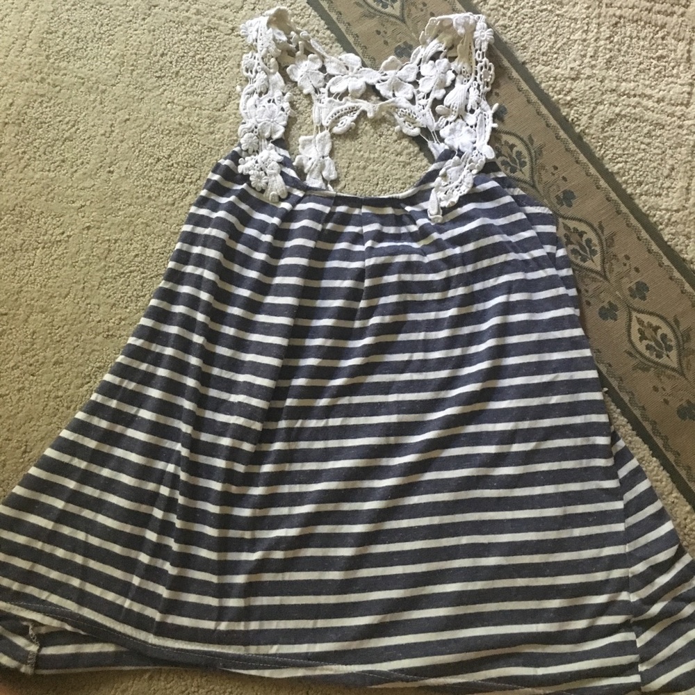 Loose fitting striped tank top with crochet detail